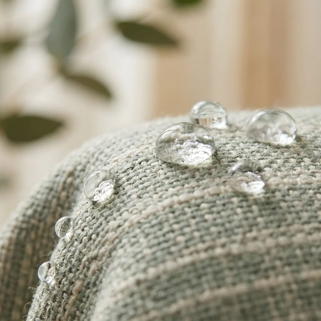Water droplets beading on a woven textile treated with Durecon 6000, showing the water-repellent effect