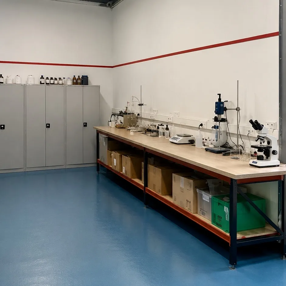 Durecon's R&D laboratory in IJsselstein, with lab bench, glassware, microscope, and precision balance for formulation and testing