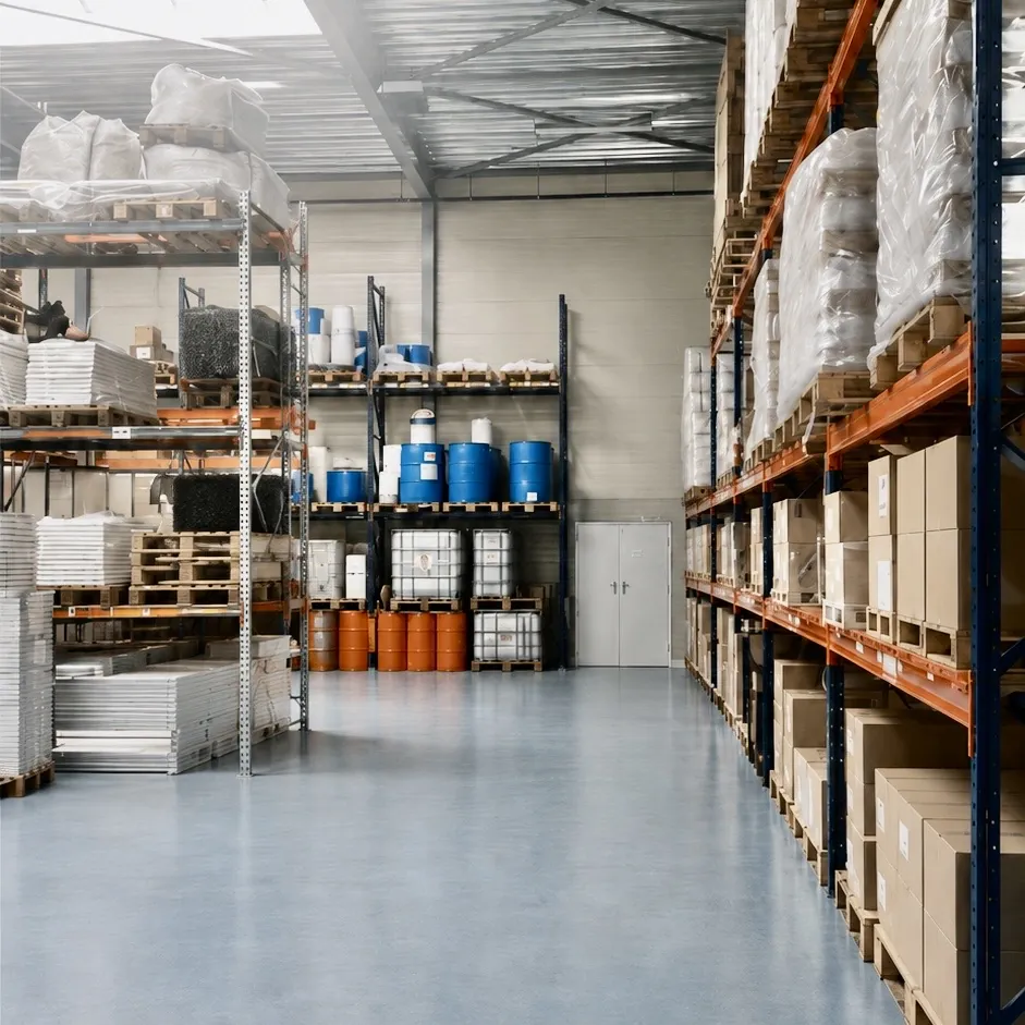 Durecon's production and storage warehouse in IJsselstein, with drums, IBC totes, and pallet racking