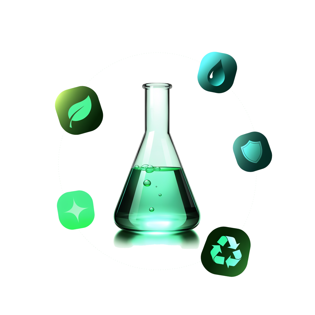 Durecon green-chemistry flask surrounded by sustainability, water-repellency, surface-protection, cleaning and recycling icons
